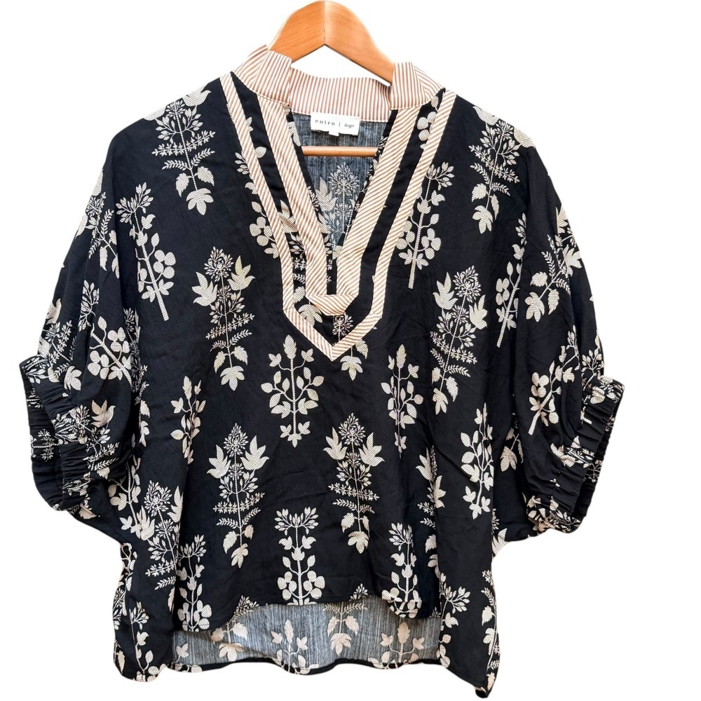 Entro Jeanette Black Botanical Print Top V Neck Bubble Sleeve Boho Peasant LG